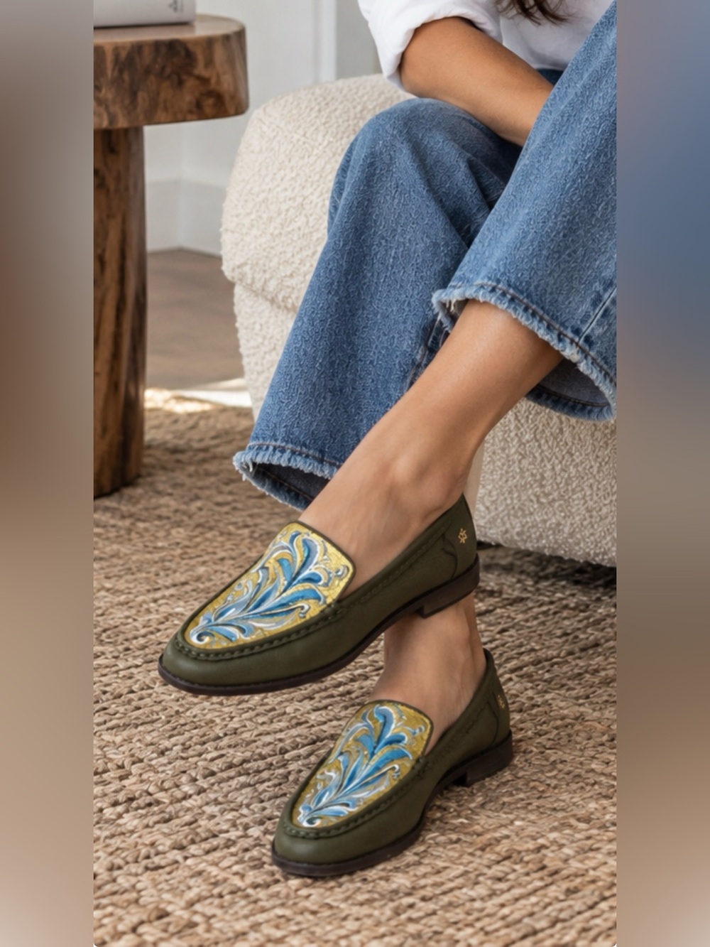 Lucky Brand Olive Green Leather Loafers with Blue and Gold hand painted